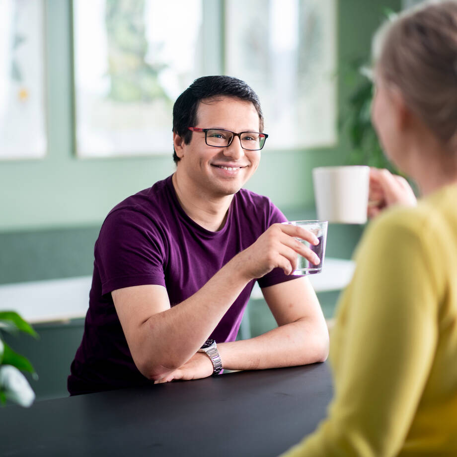 man and woman talking